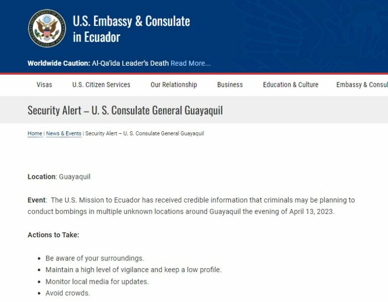 Gobierno de EE.UU. alerta sobre posibles ataques bomba múltiples en Guayaquil